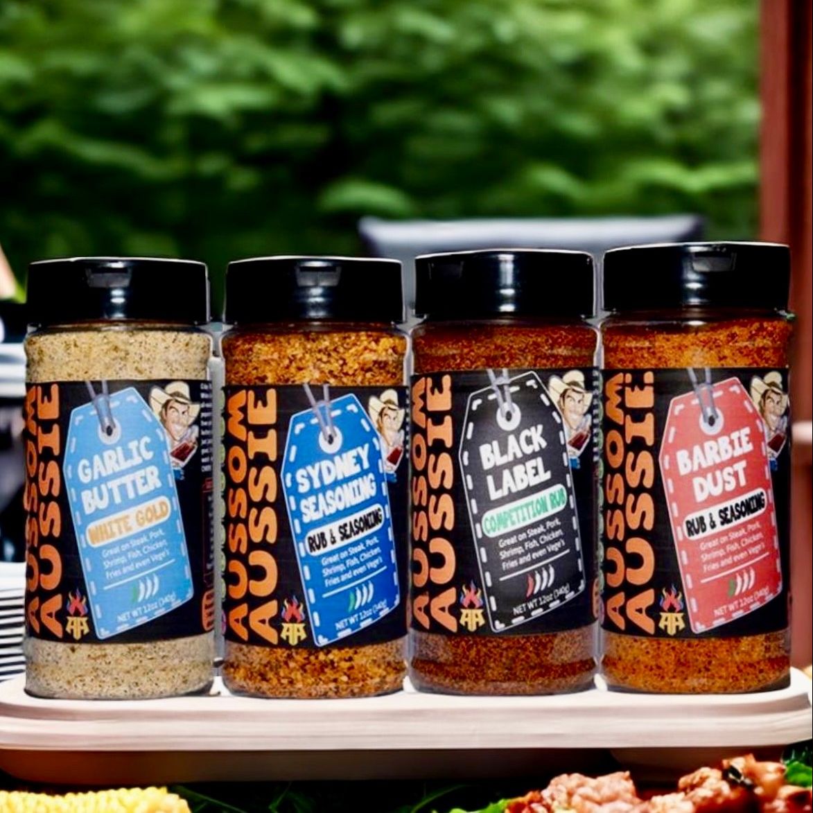 AussomAussie's tweet image. Our unbeatable lineup of seasonings that will take your grilling game to the next level! Trust us, this is all you need for the ultimate BBQ experience! Head to our website to order. Cheers mate!  #SpiceRub #BBQTime #BBQLife #BBQSeason #spicesquad #seasoninglove