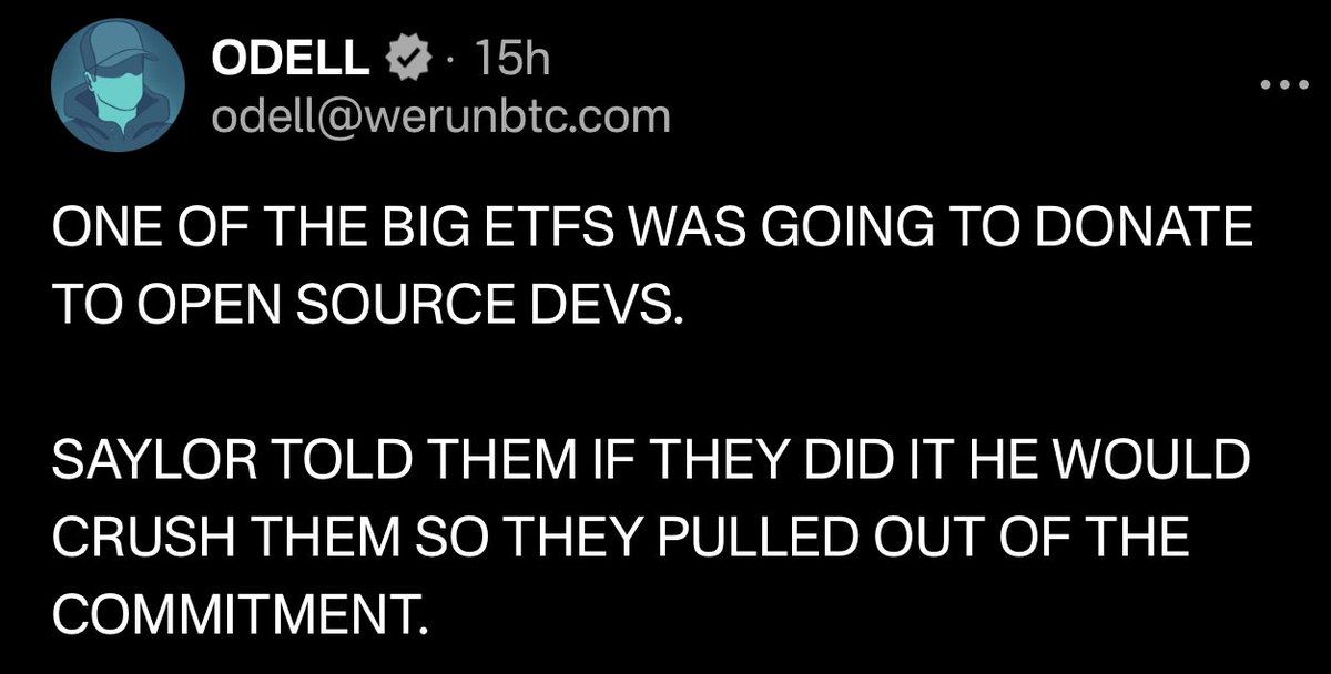 this screenshot is making the rounds today i don’t know if it’s true or not and it doesn’t matter what matters is that bitcoin innovators stop begging for handouts and start for-profit projects that can shape bitcoin on their own terms without asking billionaires for permission