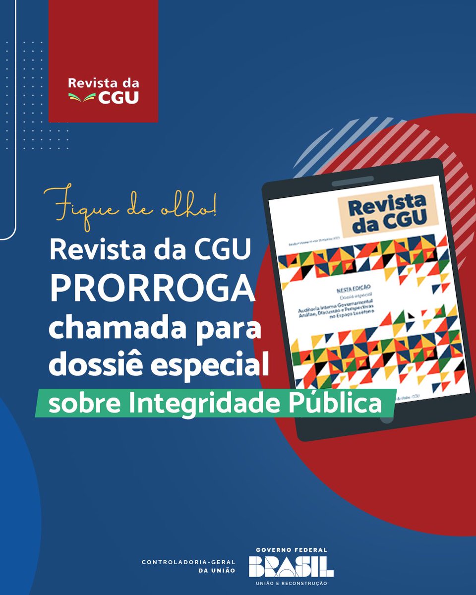 Olha só! O prazo prorrogou! 😁 Os interessados têm até o dia 3 de maio para submeter artigos científicos, ensaios de revisão ou relatórios técnicos, de acordo com as normas disponíveis em revista.cgu.gov.br/Revista_da_CGU. Aproveite e participe!