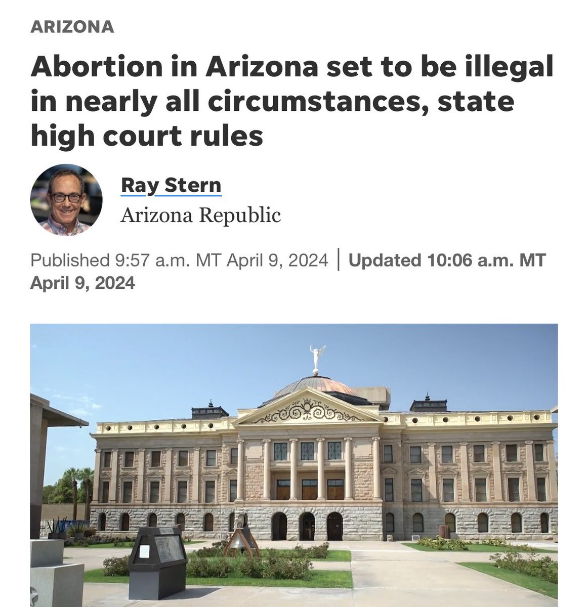 The Arizona State Supreme Court just issued a horrific ruling reinstating an abortion ban from 1864 (before Arizona became a state). The law imposes criminal penalties like up to five years in prison on anyone who provides or aids in providing an abortion.