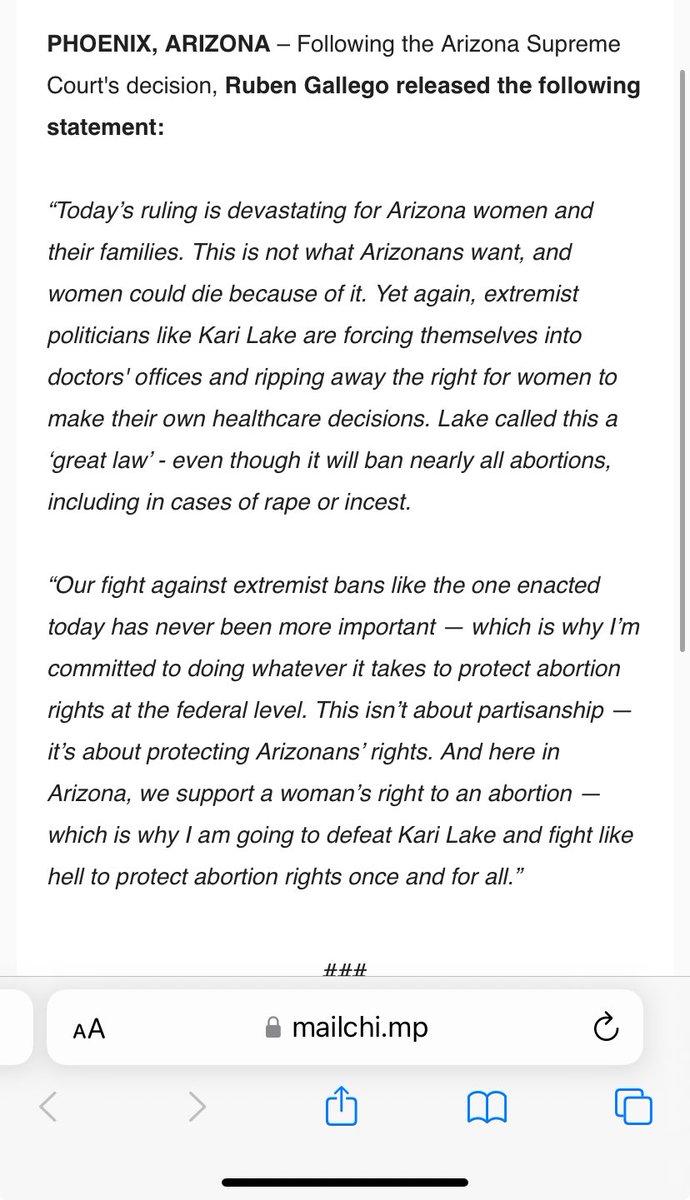Gallego out with a statement on the Arizona ruling on abortion: