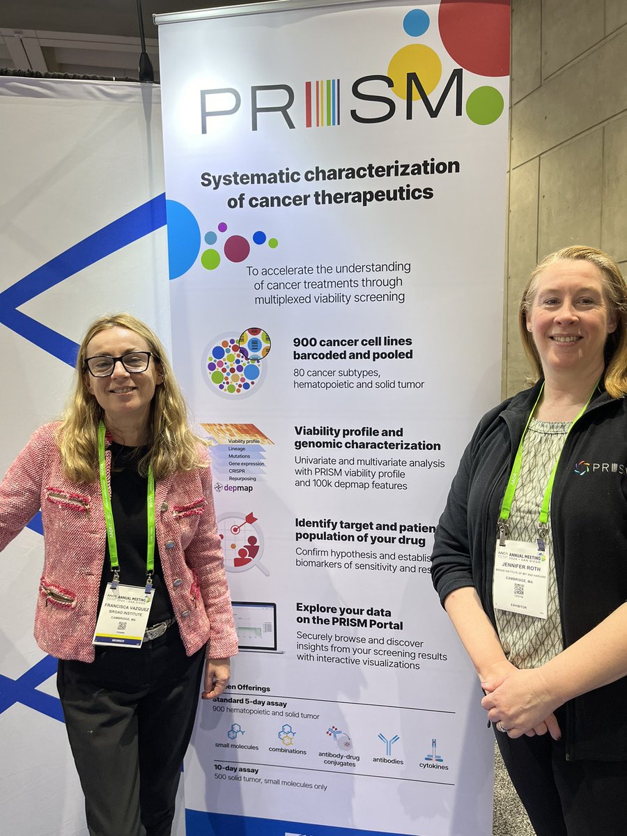 Amazing collaboration partners, meet the PRISM team right at their booth. PRISM rapidly screens a wide range of drugs across more than 900 human cancer cell line models using a high-throughput, multiplexed approach. #AACR24 theprismlab.org @DrFranVazquez and Jennifer