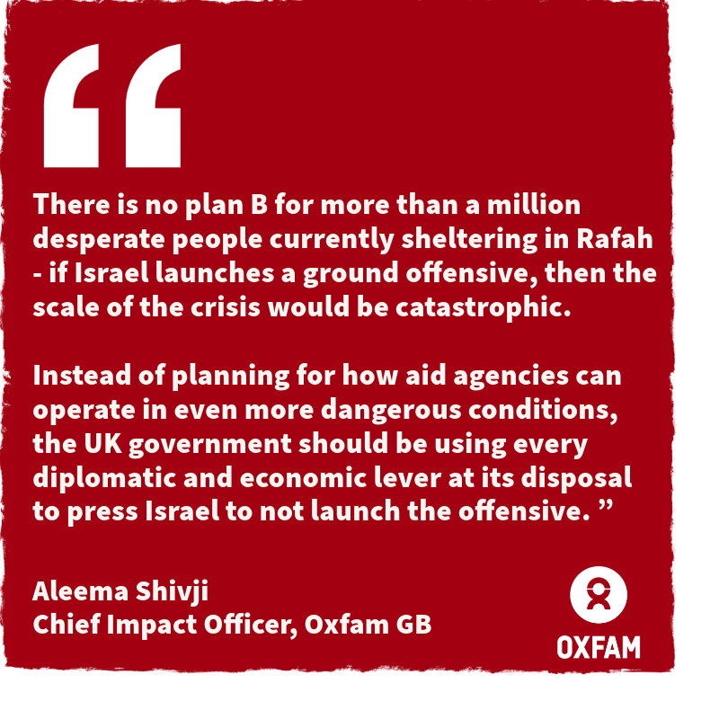 REACTION: Oxfam's <a href="/AleemaShivji/">Aleema Shivji</a> responds to Lord Cameron's comments on the need for a ‘plan B’ should Israel launch a ground offensive in Rafah and calls for UK to immediately stop all arms sales to Israel: oxfam.org.uk/mc/riqwzx/
#CeasefireNOW