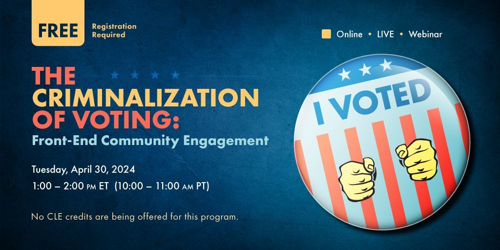 On 4/30,1pm ET, join an online training on voting criminalization & learn how to help your clients navigate issues surrounding their voting rights. This webinar is co-sponsored by @UFCW & features speakers from @NLADA, Formerly, Inc. & @UDCLaw. Register: buff.ly/4cxUiPg