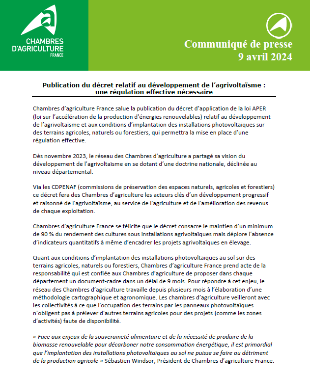 📣Publication du décret relatif au développement de l’#agrivoltaïsme: une régulation effective nécessaire 🎙️@76sebwin: Il est primordial que l’implantation des installations photovoltaïques au sol ne puisse se faire au détriment de la production agricole 🔗chambres-agriculture.fr/actualites/tou…