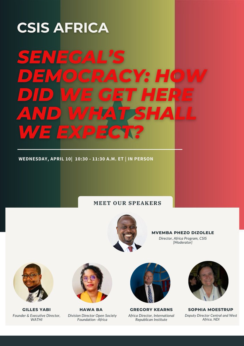 One day to go! Senegal's Democracy: How Did We Get Here and What Shall We Expect? 📅 April 10 | 🕥 10:30 am| In-person Register here: csis.org/events/senegal…