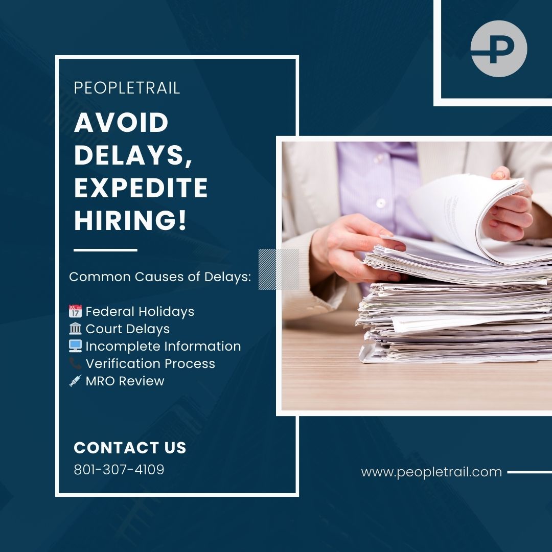 Avoid Delays, Expedite #Hiring! Time-to-hire is crucial, and delays can throw off your entire recruitment process. At Peopletrail, we understand the frustration of screening bottlenecks. Don't let delays stall your hiring. Partner with us for seamless #backgroundscreening!