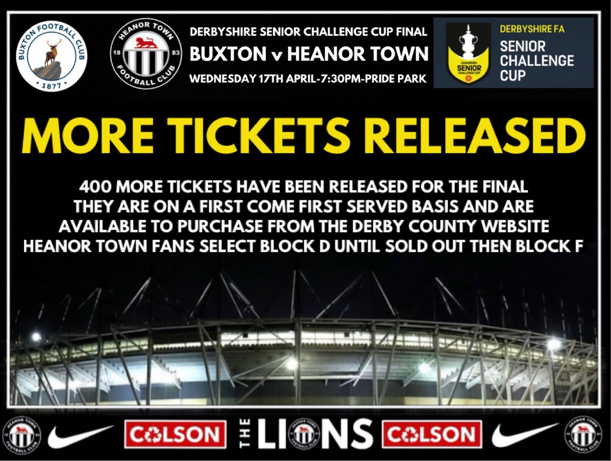 🎟️ONLY 30 TICKETS LEFT👇🏼 bit.ly/BuxtonVsHeanor 🚨FIRST COME FIRST SERVED 🚨HEANOR TOWN FANS SELECT BLOCK D UNTIL SOLD OUT THEN BLOCK F