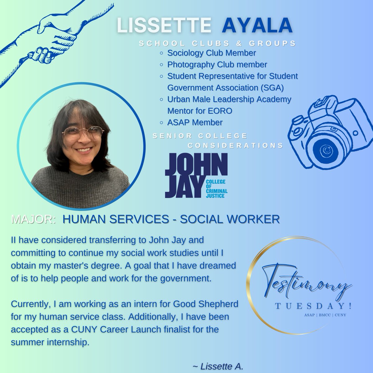 ASAPBMCC's tweet image. It’s Testimony Tuesdaaaaay! Read how the ASAP Success Program at BMCC has benefited another incredible student – Meet ASAP Member, Lisette Ayala.
 
Every week, we highlight an outstanding ASAP student.

#TuesdayTestimony #ASAPBMCC #BMCC #CUNY #Testimonial