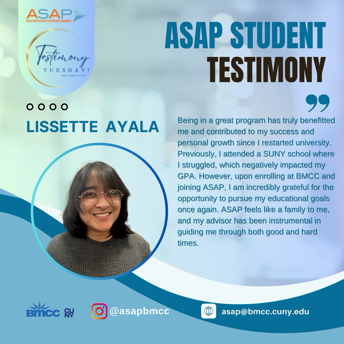 ASAPBMCC's tweet image. It’s Testimony Tuesdaaaaay! Read how the ASAP Success Program at BMCC has benefited another incredible student – Meet ASAP Member, Lisette Ayala.
 
Every week, we highlight an outstanding ASAP student.

#TuesdayTestimony #ASAPBMCC #BMCC #CUNY #Testimonial