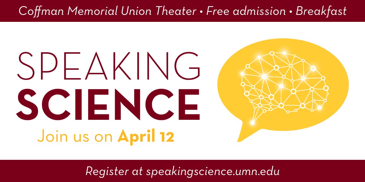 Reminder for the UMN science community (faculty, research staff, postdocs, grad students, & comms practitioners) – Speaking Science 2024 registration closes tonight! Admission is free. Join us this Friday: z.umn.edu/speak-sci-2024 #SciComm #ScienceCommunication #SpeakSci24
