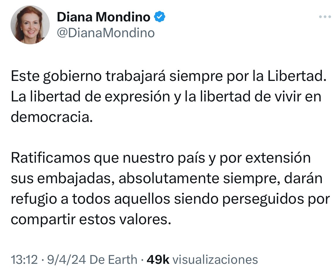 Ministra das Relações Exteriores ratifica que a Argentina e suas embaixadas darão apoio a todos aqueles perseguidos políticos. ¡Gracias @DianaMondino! 🇧🇷🇦🇷