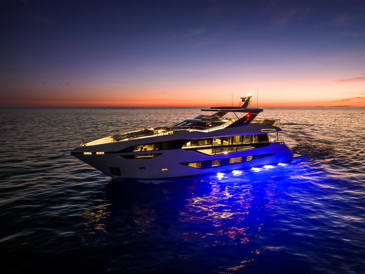 Cruising in the afterglow. The Sunseeker 100 Yacht. The 100 Yacht is a vessel that dazzles all who come across her, accommodating up to twelve guests and five crew in complete opulence, reaching speeds of up to 30 knots. Discover more: bit.ly/3RNW4BT #Sunseeker