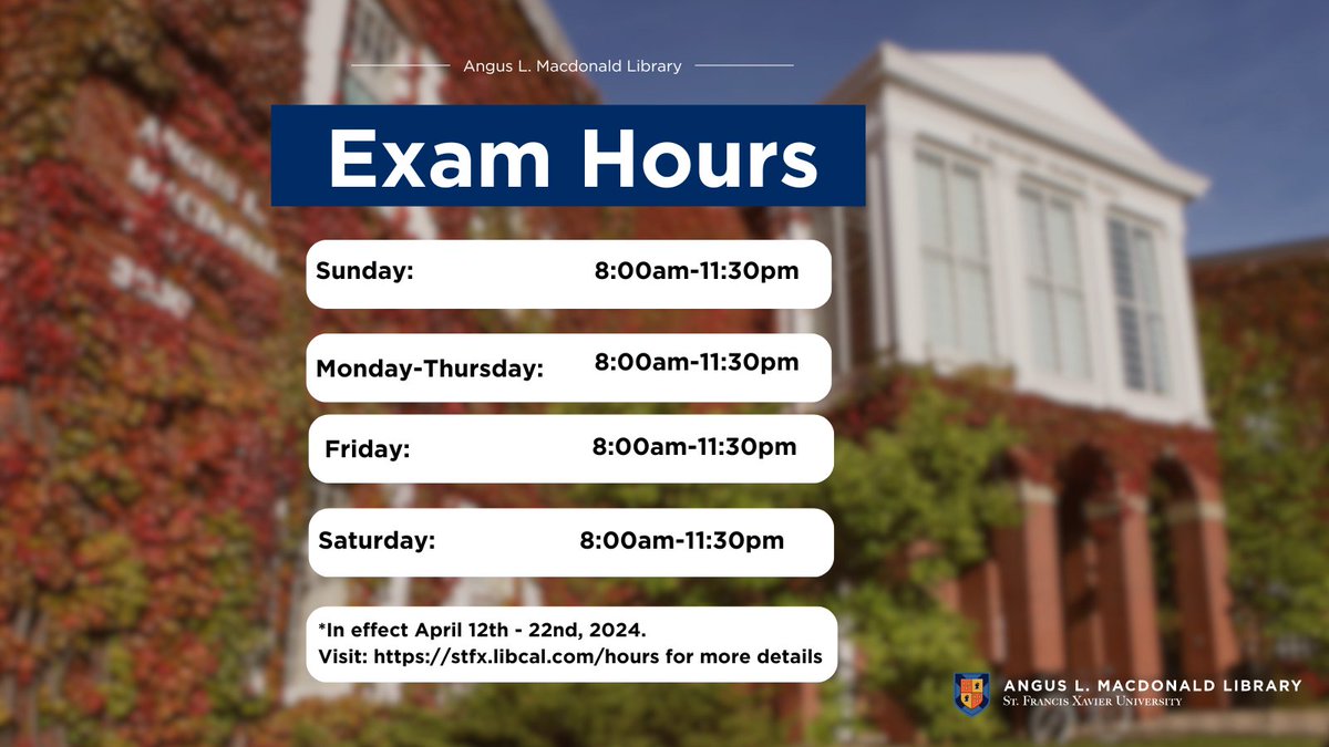 The StFX Library has got you covered this exam period! We have extended our hours starting Friday April 12th to be open 8:00am-11:30pm until the end of exams, April 22nd. Good luck studying!! #StFX #AngusLMacdonaldLibrary