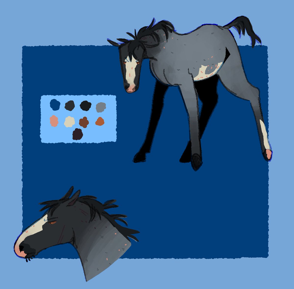 honse
an old blue roan sabino tb who developed swayback (not painful for him) with age. has nics and scars from fights with other horses since hes a temperamental feller #oc #ocart #horse #thoroughbred #blueroan #sabino #ibispaint