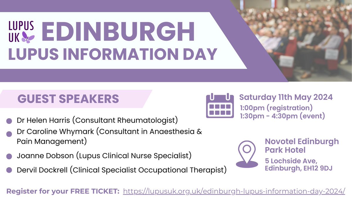 In celebration of World Lupus Day (10th May), we will be hosting an Information Day in Edinburgh on Saturday 11th May 2024! 🏴󠁧󠁢󠁳󠁣󠁴󠁿

For more information and to register for your free ticket, visit: lupusuk.org.uk/edinburgh-lupu… 

#LupusAwareness #Lupus #WorldLupusDay #LupusEvent