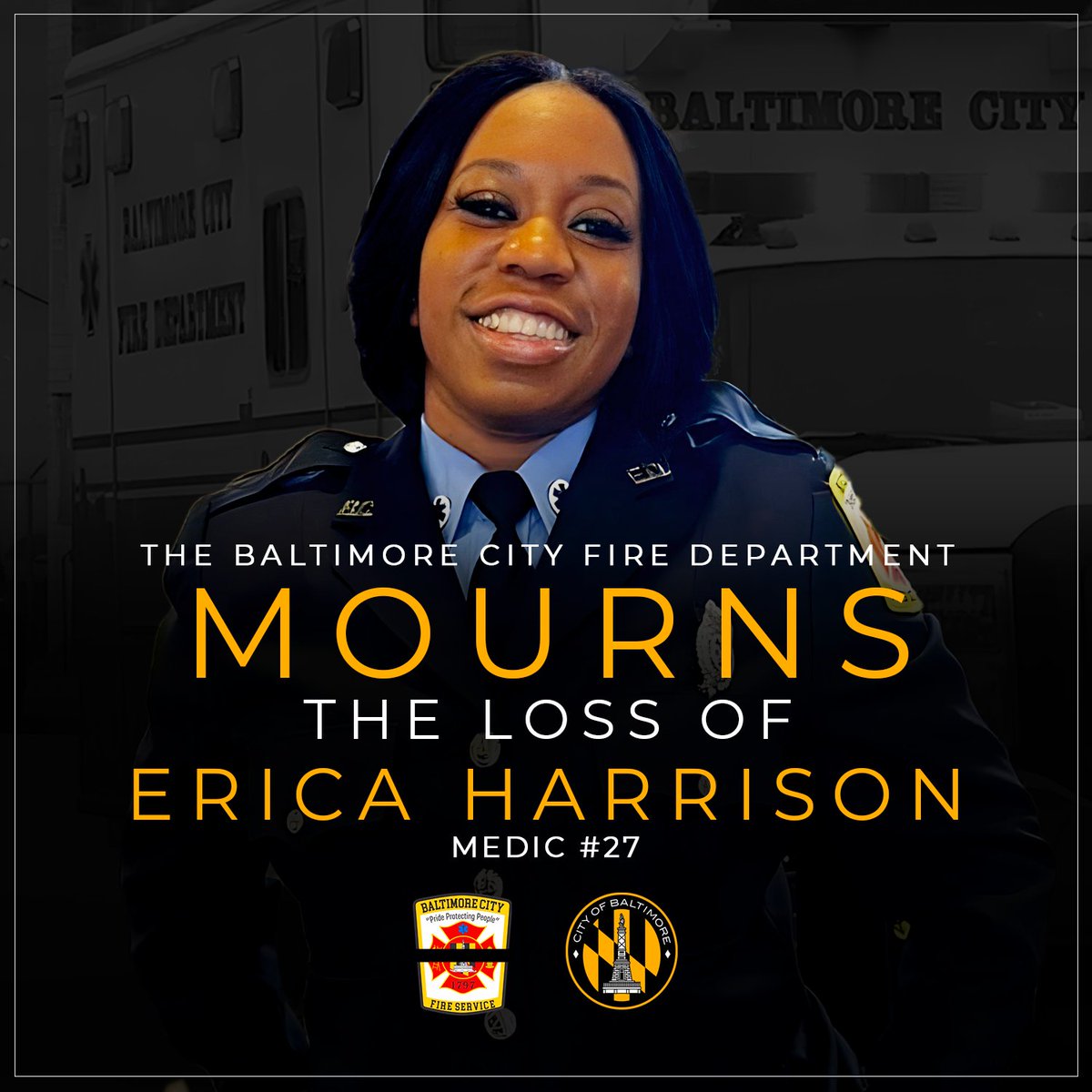 It’s with heavy hearts that we announce the passing of one of our own, Erica Harrison, a beloved paramedic who dedicated nearly two and a half years of service to the City of Baltimore and the Baltimore City Fire Department. Our department is deeply saddened by the untimely loss.