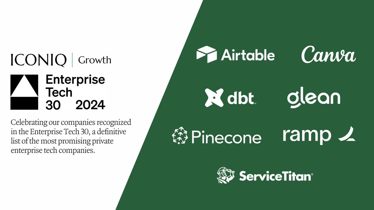 🎉Congrats @airtable, @canva, @getdbt, @glean, @pinecone, @tryramp & @ServiceTitan for being recognized in the #ET30! The list celebrates companies that have the most potential to meaningfully shift how enterprises operate. Thrilled to support you all! ➡️enterprisetech30.com