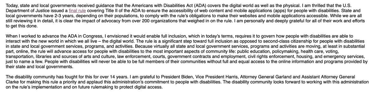 Tony Coelho (@hontonycoelho) on Twitter photo We live in a digital world too often inaccessible to people with #disabilities. Today, <a href="/USDOJ/">Main Justice</a> issued a rule calling for state & local governments to be accessible online. After 14 years, your stories & advocacy made this happen! #ADA #DisabilityInclusion justice.gov/opa/pr/justice… We live in a digital world too often inaccessible to people with #disabilities. Today, <a href="/USDOJ/">Main Justice</a> issued a rule calling for state & local governments to be accessible online. After 14 years, your stories & advocacy made this happen! #ADA #DisabilityInclusion justice.gov/opa/pr/justice…