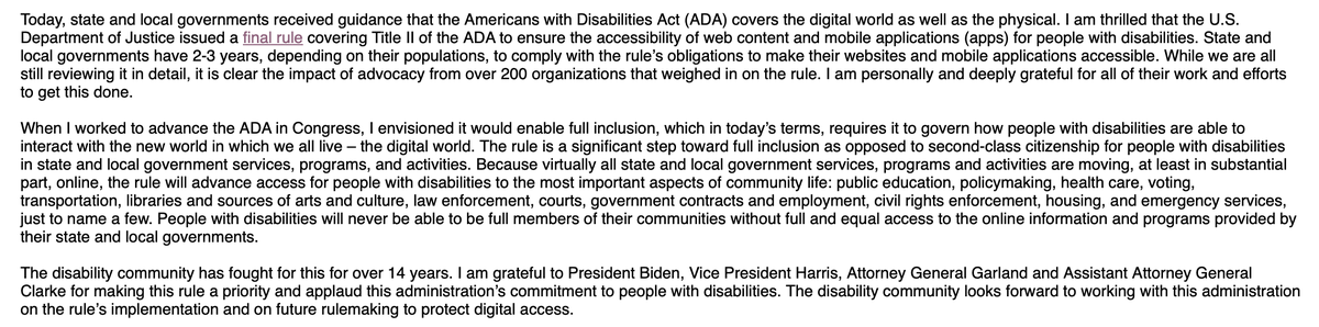 We live in a digital world too often inaccessible to people with #disabilities. Today, @USDOJ issued a rule calling for state & local governments to be accessible online. After 14 years, your stories & advocacy made this happen! #ADA #DisabilityInclusion justice.gov/opa/pr/justice…