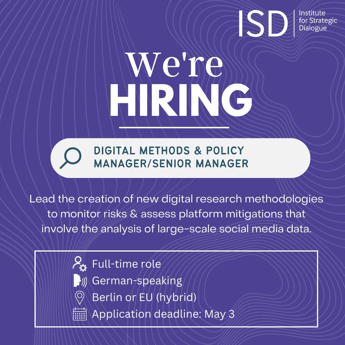 Deadline May 3! ⏰ ISD is hiring a Digital Methods & Policy Manager/Senior Manager with expertise in digital methods & digital policy (focus on DSA), knowledge of ISD issue sets & experience in program management. Find out more about this opening 👇isdglobal.recruitee.com/o/digital-meth…