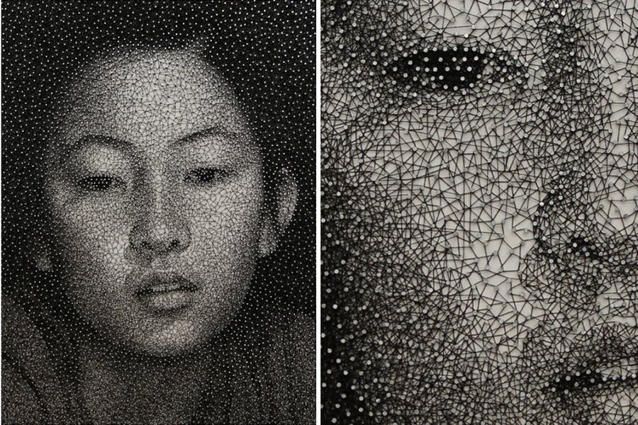 womensart1's tweet photo. Japanese artist Kumi Yamashita winds a single black thread around a grid of nails on a wooden board to create intricate portraits #WomensArt https://t.co/pYNDzPCKc0