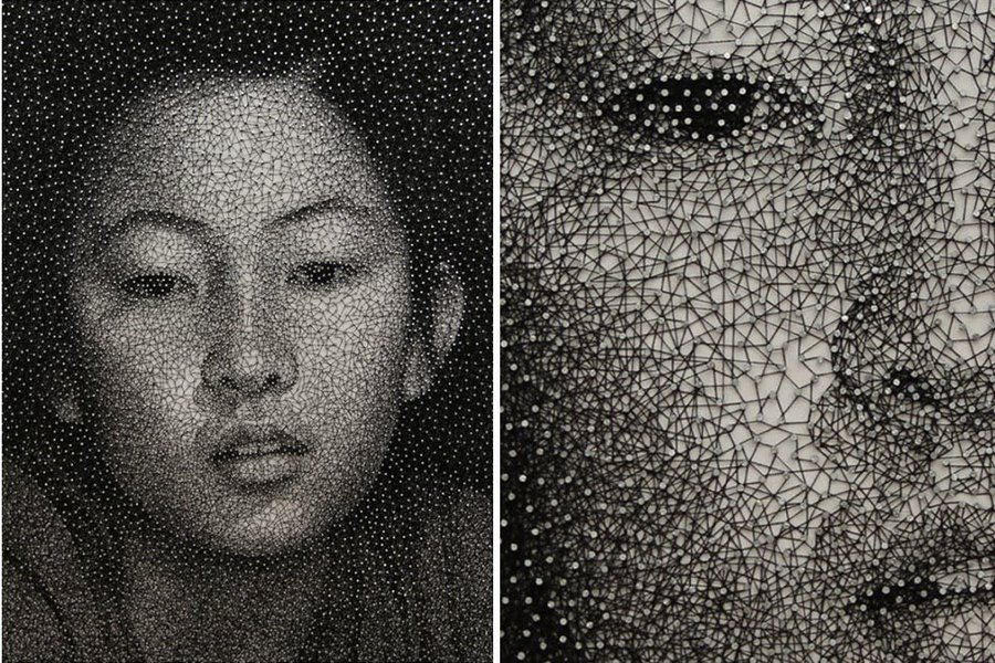 Japanese artist Kumi Yamashita winds a single black thread around a grid of nails on a wooden board to create intricate portraits #WomensArt