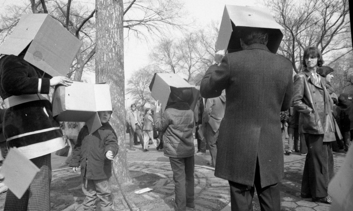 #Observers of the 1970 total solar eclipse; people wearing homemade cardboard pinhole eclipse viewers 🕶️🤪🤣🤣🤣