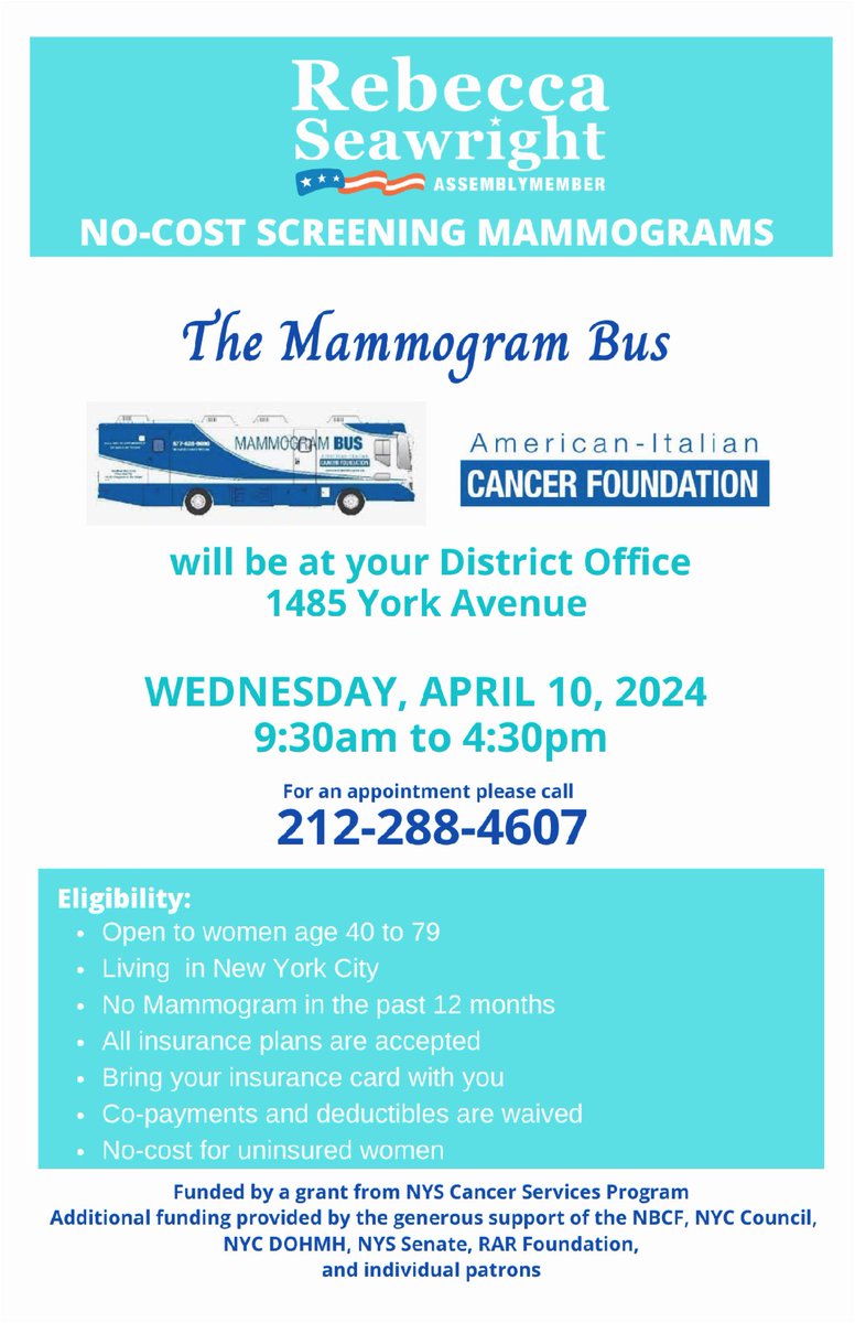 Remember to RSVP for tomorrow’s no-cost mammograms! Call 212-288-4607 to secure your slot. All insurance plans are accepted, so bring your card if you have one. Free for uninsured women too!