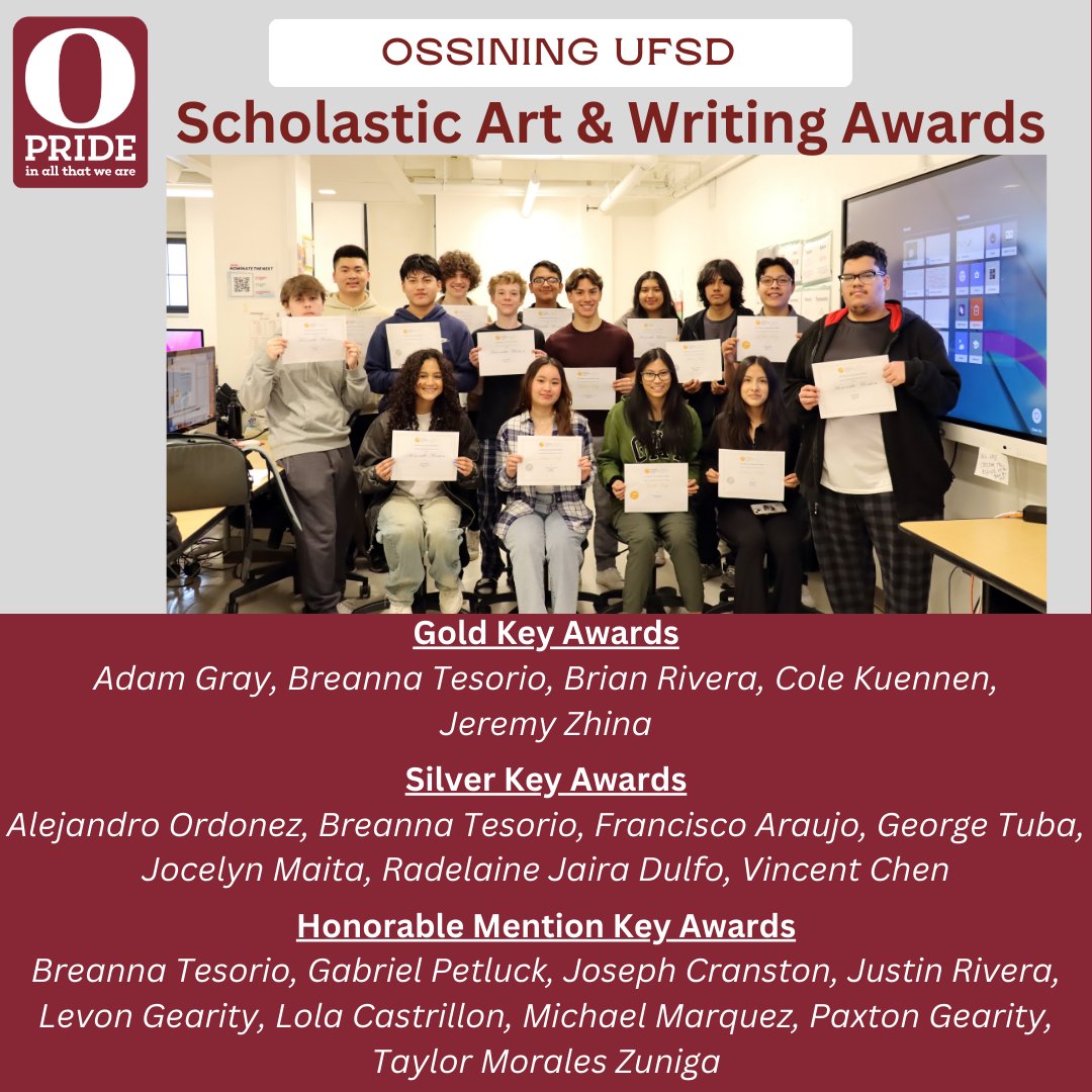 OssiningSchools's tweet photo. 🌟Congratulations to our OHS students who received Scholastic Art &amp; Writing Awards! #opride #multipleliteracies @OHSPrin_Langley @OUFSD_Arts @OHSPHOTO @Lin_OHS @Mary_FoxAlter https://t.co/PUCKIMbucY