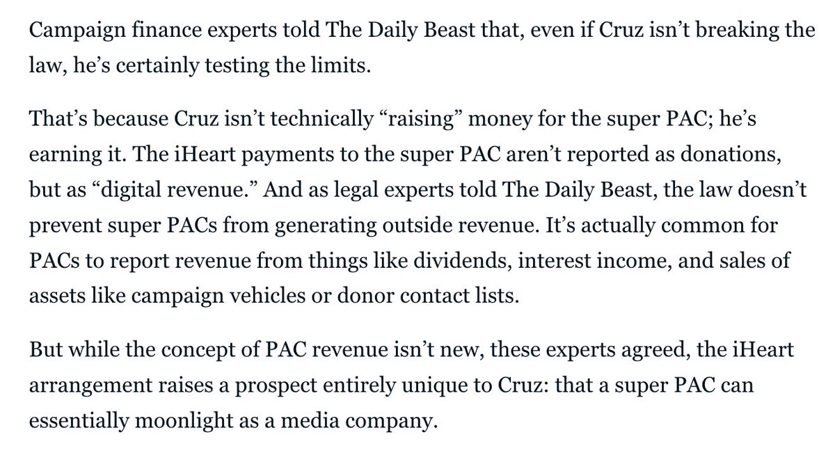 As @SollenbergerRC @MiniRacker report, the key technicality that Cruz may be pushing on with his iHeartMedia/super PAC arrangement is the distinction between 'raising' and 'earning.' thedailybeast.com/ted-cruz-is-tu…