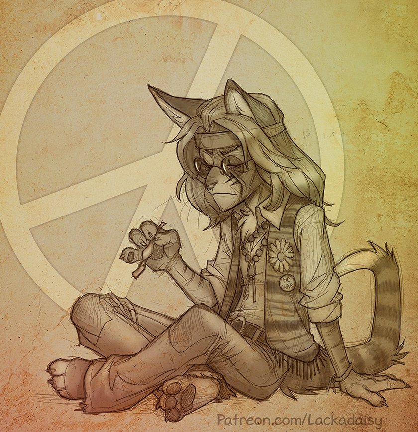 Working on the bigger project at hand has left me little time for the smaller sketches and drawings that bring me a lot of joy.

Grateful to have patron stream time to draw some fun stuff, lately. This was Zib as an aging hippie, by request. 
#lackadaisy