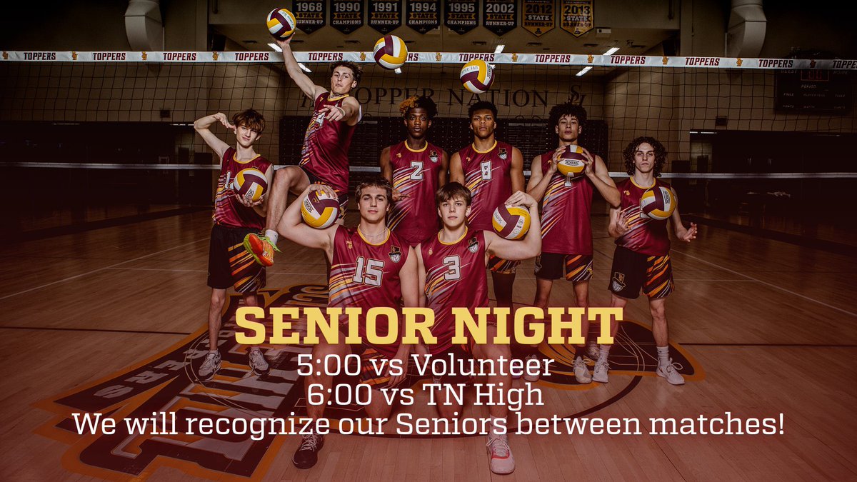 ‼️SENIOR NIGHT‼️
📍Topper Nation 
⏰ 5:00 vs VHS | 6:00 vs THS
‼️we will recognize our Seniors between matches‼️
#2024 #shhs #toppervolleyball #gotoppers #tfl #mensvolleyball #seniornight #tssaa