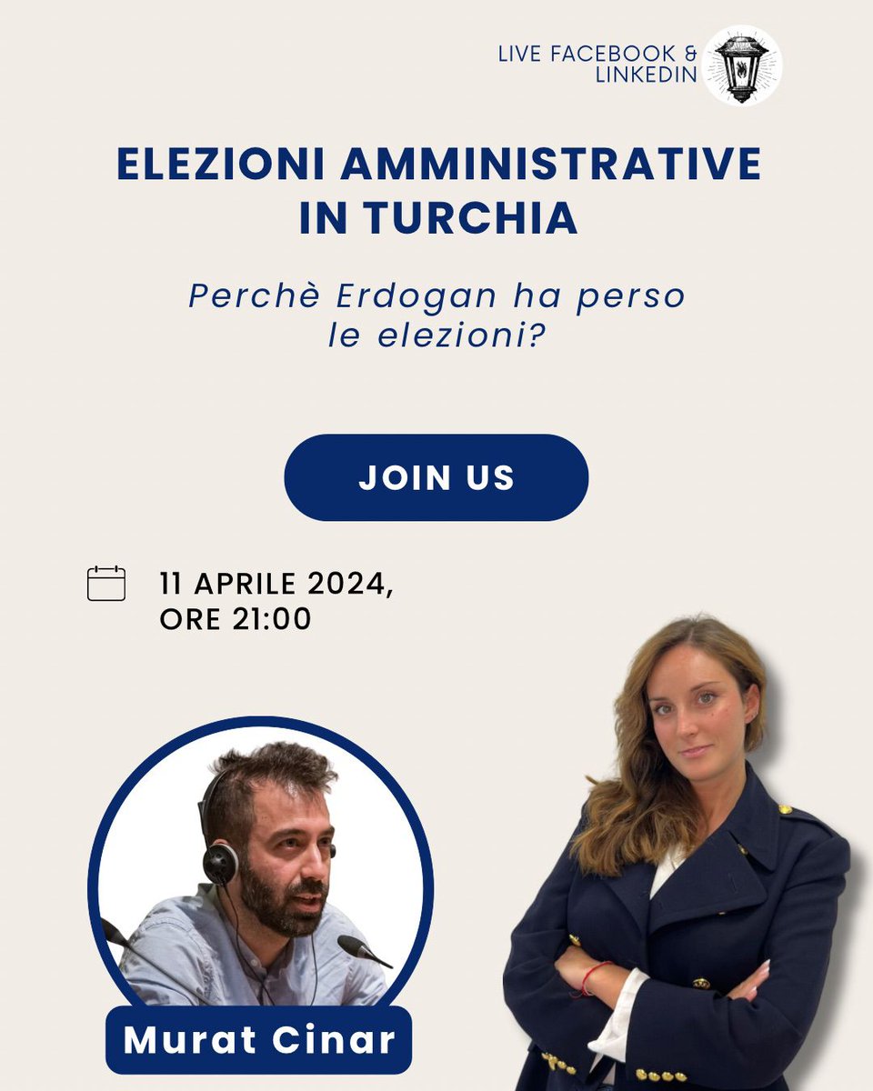 🇹🇷 "ELEZIONI AMMINISTRATIVE IN TURCHIA: PERCHÈ ERDOGAN HA PERSO?": la nostra caporedattrice Esteri, Barbara Mascitelli, dialogherà con: 

• Murat Cinar, giornalista. 

➡️ Live giovedì 11 aprile, alle ore 21:00, sulle nostre pagine Facebook e LinkedIn!
