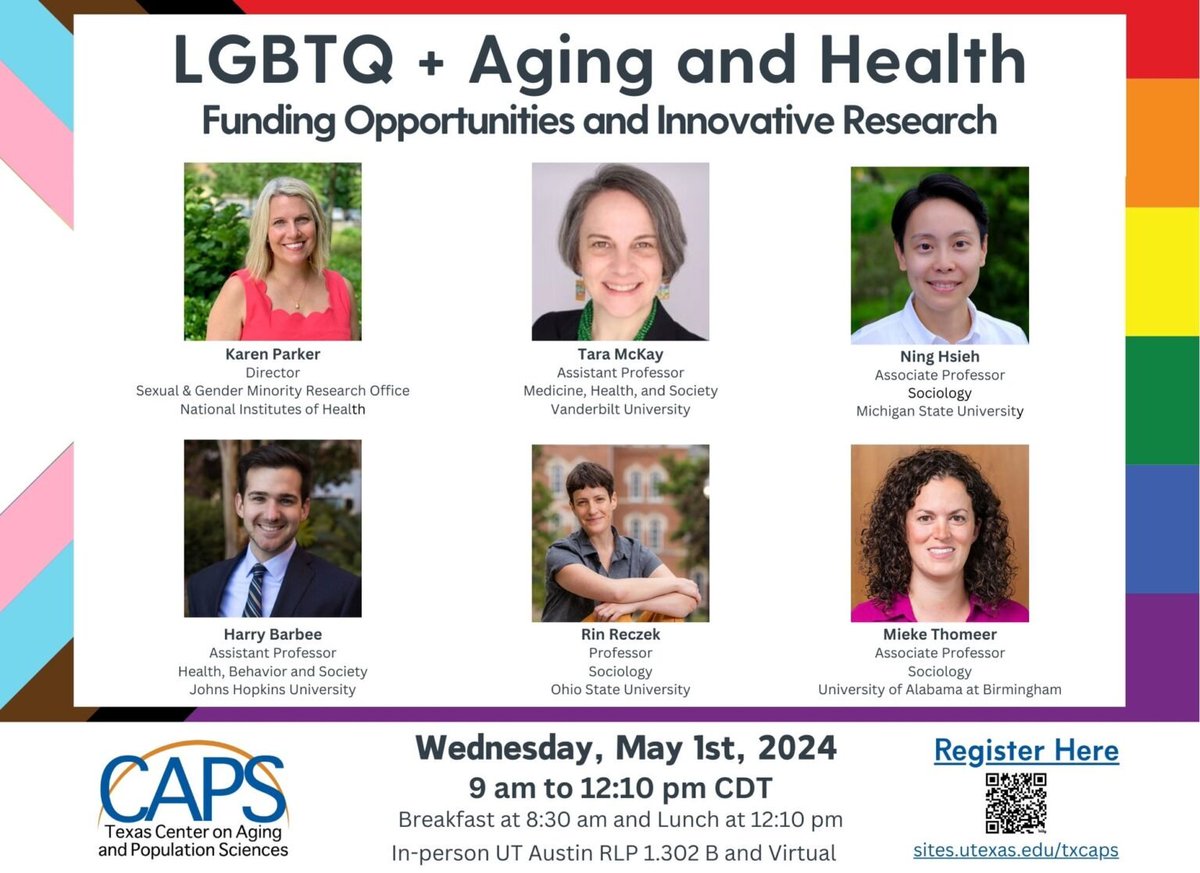 Getting excited for LGBTQ+ Health and Aging at UT Austin! This program will be available in-person and virtually. Trainees and junior folks: hear from @HarryBarbee_ on @NIH Diversity Supplements! sites.utexas.edu/txcaps/