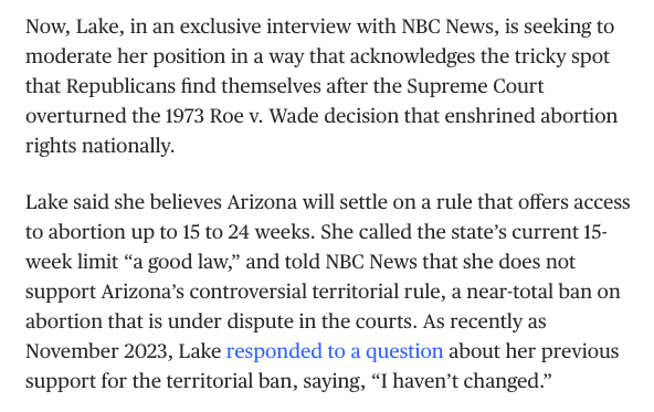 Kari Lake told @katiadoyl a month ago that she does NOT support the Arizona abortion ban that the state Supreme Court upheld today nbcnews.com/politics/2024-…