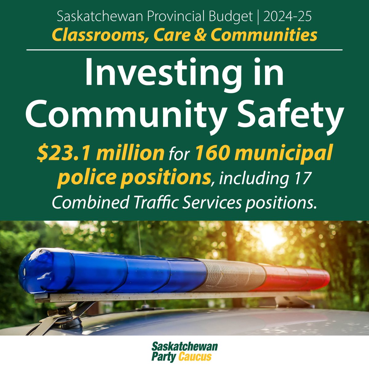 Community safety remains a priority for our government; that's why this budget includes $641.1 million for the Ministry of Corrections, Policing and Public Safety. Together they will work to maintain and promote public safety in Saskatchewan communities.