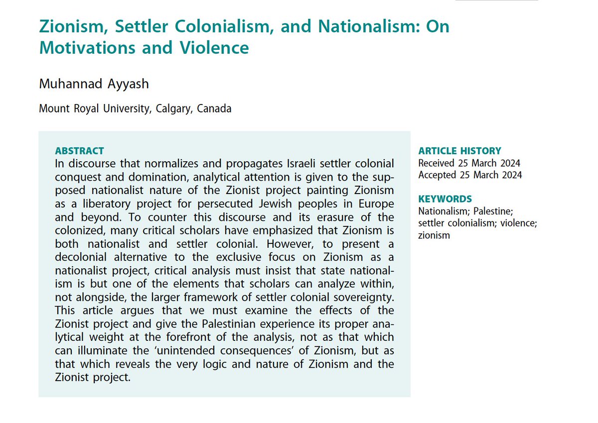 My latest academic article is out, 'Zionism, Settler Colonialism, and Nationalism: On Motivations and Violence' published in Middle East Critique. First 50 downloads on this link are free: tandfonline.com/eprint/SGZWYZR…