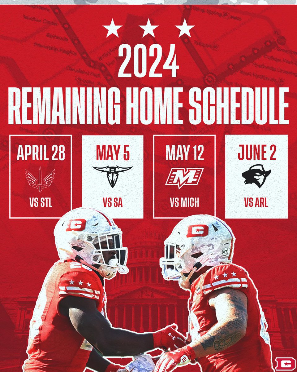 UFLDefenders's tweet photo. DC- we have some BIG home matchups ahead of us ‼️ See you there 😏

Don’t forget to grab your 🎟️ here: https://t.co/JVoNR65vyE

#UFL2024 #DefendDC https://t.co/K2JGZJxoD2