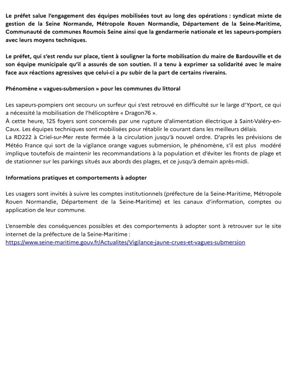 Passage du département en vigilance jaune crues de Seine et vagues submersion. Retrouvez le communiqué de presse ⬇️