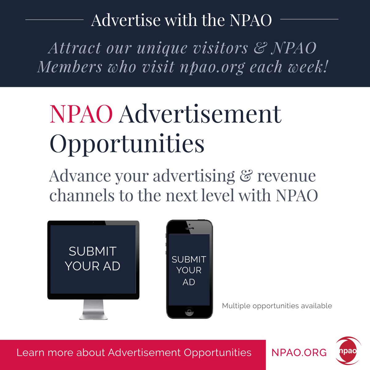 Elevate your brand with NPAO! Reach our engaged audience of unique visitors and NPAO Members on npao.org each week. Expand your advertising and revenue opportunities today! Learn more at npao.org. #NPAO #Advertising #RevenueGrowth