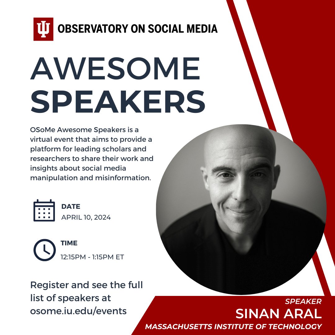 📣 Don't miss our final Awesome Speaker of the year! Join us for @sinanaral's talk 'A Causal Test of the Strength of Weak Ties' tomorrow at 12:15pm ET. Register here: iu.zoom.us/meeting/regist…