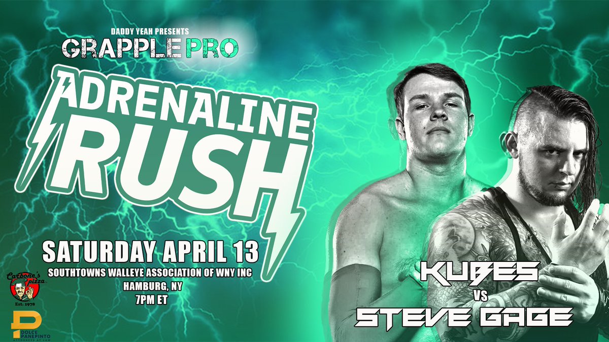 After going from #1 contender to losing to Puf at Breaking Out, Steve Gage (@KillswitchSteve) has something to prove. Kubes (@EricKubiak_) has the crowd behind him, but will that be enough? Find out April 13th when Grapple Pro presents Adrenaline Rush!