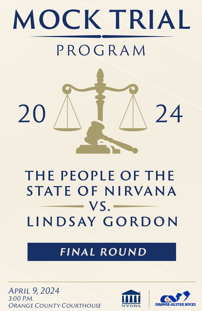 Good luck to the teams from Goshen and Washingtonville who are facing off in the Mock Trial finals today at 3 p.m. in the Orange County Courthouse in Goshen.