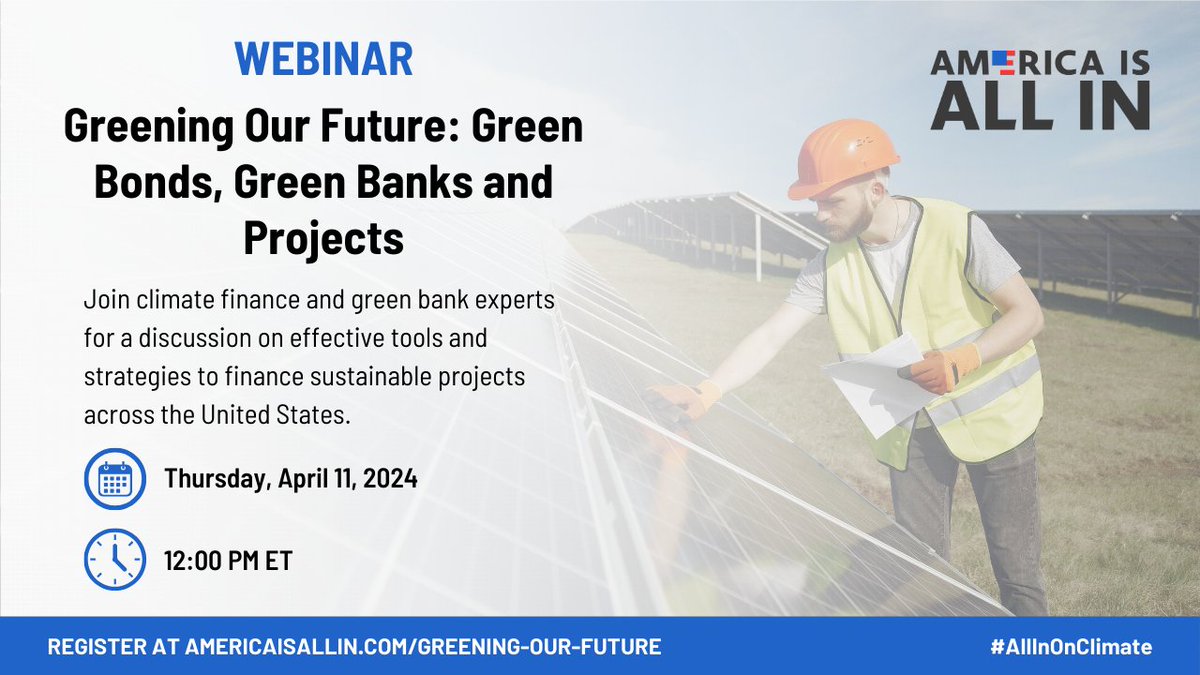 Want to learn more about the potential of #GreenBanks? Join @americaisallin for a webinar exploring effective tools and strategies to finance sustainability projects for communities across the United States. Register: americaisallin.com/greening-our-f…