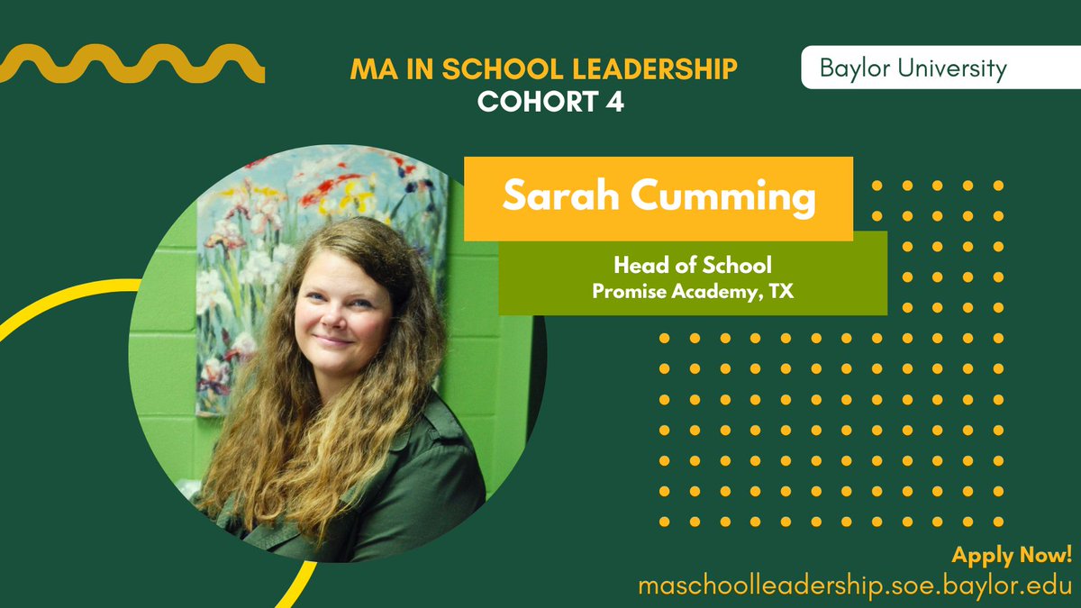 Sarah Cumming is joining our #BaylorLeads family! Sarah is taking her leadership to the next level at Promise Academy through the @BaylorSOE MA in School Leadership. It’s never too early to apply for Cohort 5 starting June of 2025! maschoolleadership.soe.baylor.edu