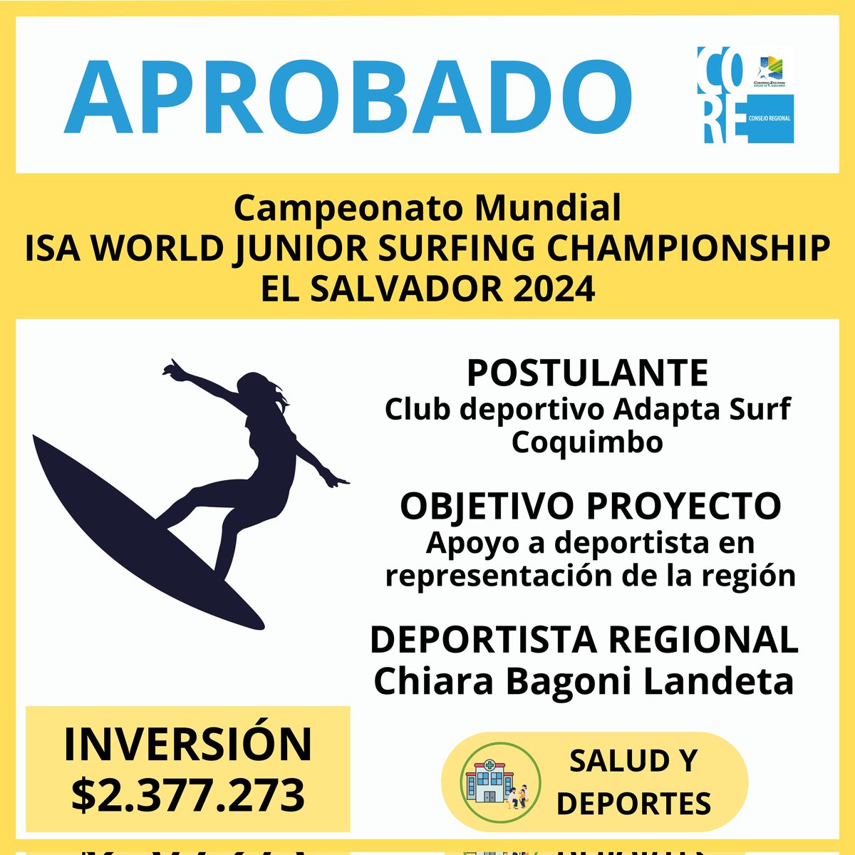 🏄‍♀️ 🏄‍♂️  CORE aprueba más de $2.300.000 para apoyar a deportista Regional para participar en campeonato mundial de surf.

✅️ Aquí te compartimos los detalles 👇🏼 

#SaludYDeporte #RegiónDeCoquimbo