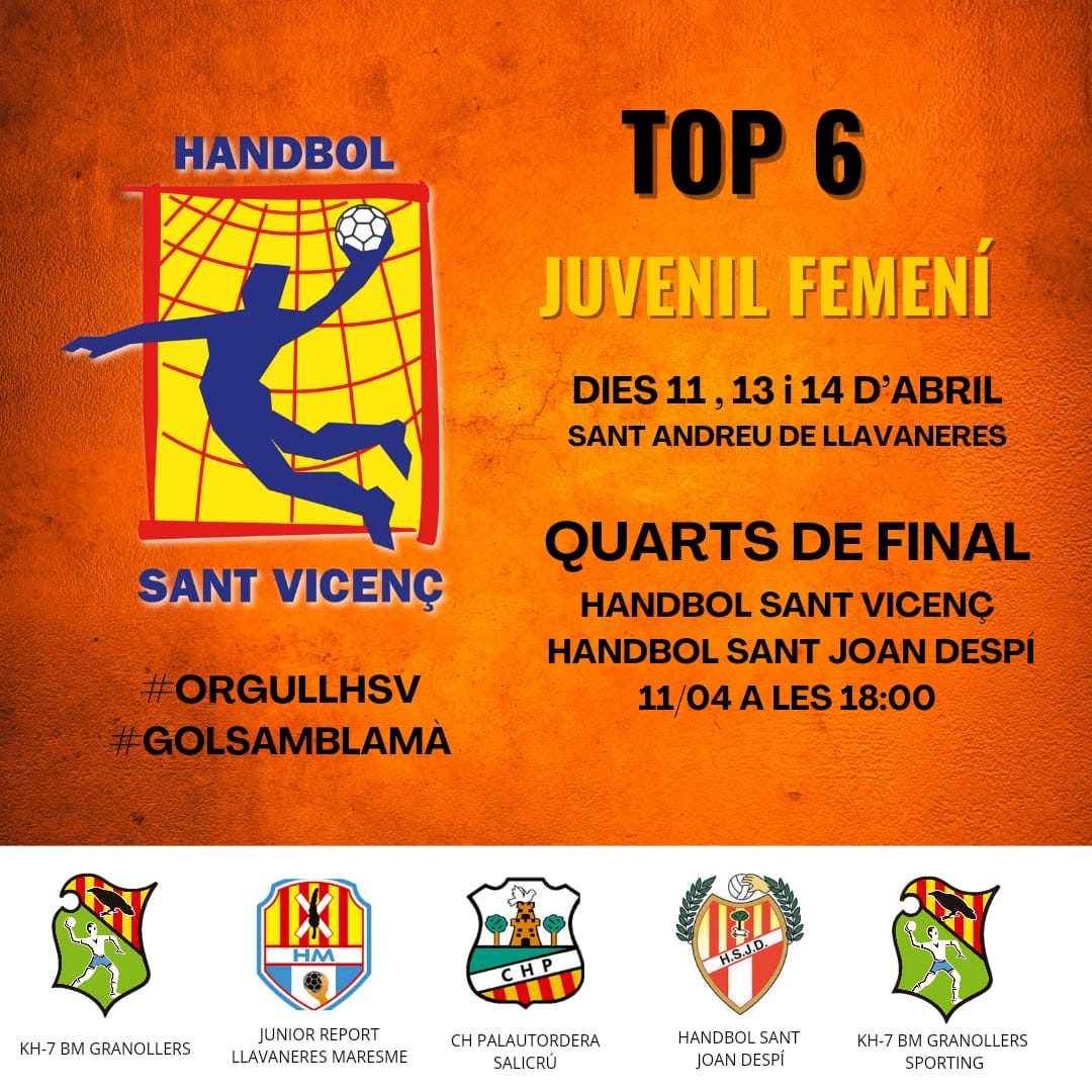 TOP 6 JUVENIL FEMENÍ Els dies 11, 13 i 14/04 a St Andreu de Llavaneres el nostre juvenil disputarà el TOP 6 de Lliga Catalana. El 1r partit corresponent als 1/4 de final tindrà lloc dijous a les 18 h Us animem a gaudir del millor handbol i animar a l'equip #golsamblamà #HSV