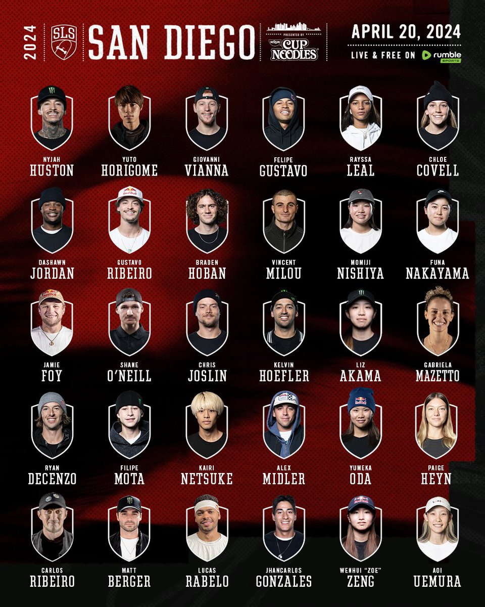 StreetLeague's tweet photo. 👀 SLS SD ROSTER 👀
The predictions start now; let’s hear your picks for who will win the first ever Championship Tour stop in San Diego, presented by @origcupnoodles! 🗣️ https://t.co/GaqlV6RSxn
