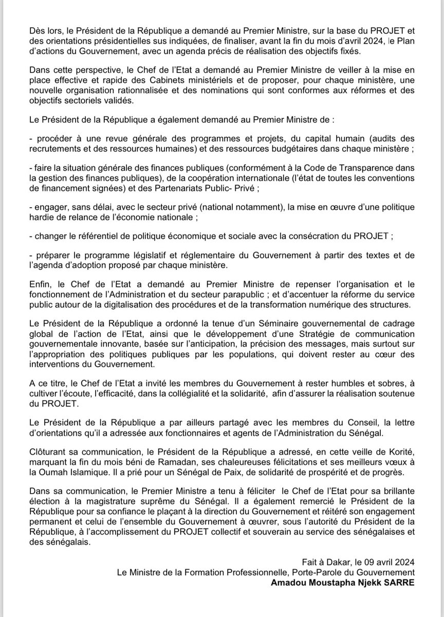 Le communiqué du conseil des ministres tenu ce mardi 09 avril 2024. 5 axes prioritaires de l’action gouvernementale 👇🏾 1. la jeunesse, l’éducation, la formation, l’entrepreunariat et l’emploi des jeunes et des femmes ; 2. la lutte contre la cherté du coût de la vie et…